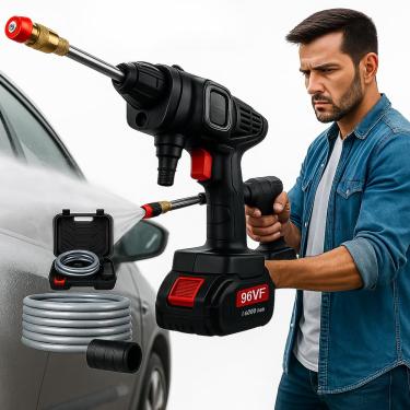 Imagem de Lavadora Alta Pressão Lava Jato Portátil Sem Fio Pistola de Pulverização 1000W Para Carros Piso Jardim Completa Com Maleta 2 Baterias