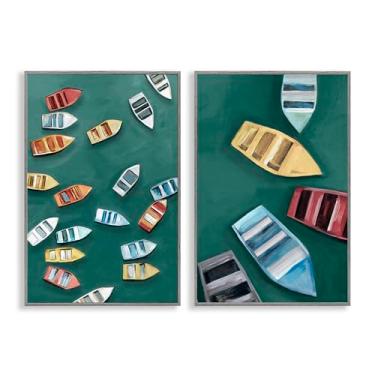 Imagem de Stupell Industries Conjunto de arte giclée emoldurado cinza de 2 peças de barcos a remo coloridos à deriva, design de Hannah Dawson, 61 x 40 cm