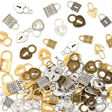Imagem de SUNNYCLUE 90 peças, 15 estilos, pingentes de cadeado de coração, pingente tibetano, metal, prata antiga, chaves douradas, pingentes de corações para fazer joias, colares, brincos, pulseiras, bolsas
