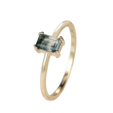 Imagem de TSECIMGS Anel feminino retrô retangular de ágata musgo – Anel solitário elegante e minimalista com pedra natural de 4 x 6 mm, pulseira de cobre banhada a ouro, configuração de 4 garras, Latão, Ágata