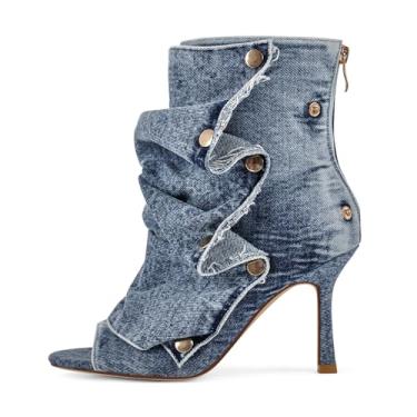 Imagem de sexytag Bota feminina peep toe, salto stiletto, salto gatinho, tubarão, bico aberto, zíper nas costas, moda, bota curta no tornozelo, Jeans, 42