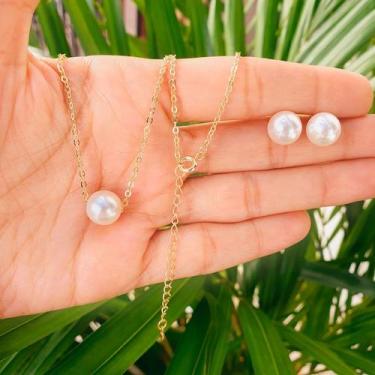 Imagem de Conjunto Colar E Brinco Perola Folheado A Ouro 18k - Milena Joias