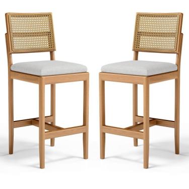 Imagem de Kit Com 2 Banqueta Milena Madeira Maciça Assento Estofado Encosto De Tela Palha Sextavada Linho Cinza 407