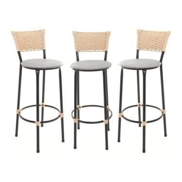 Imagem de KIT 3 Banquetas Tricô Náutico BEGE Alta Bancada Balcão Cozinha Area de