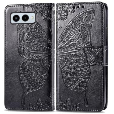 Imagem de DAMONDY Capa para celular T-Mobile Revvl 8, couro PU, borboleta, flores em relevo, suporte magnético, porta-cartões, alça de mão, carteira para T-Mobile Revvl 8 5G - Preto