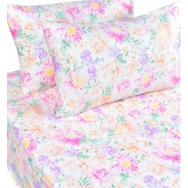 Imagem de J-pinno Jogo de lençol casal rosa roxo com várias flores florais para meninas, adolescentes, decoração de quarto, 100% algodão, lençol de cima + lençol com elástico + fronha (beijo de flor, casal)