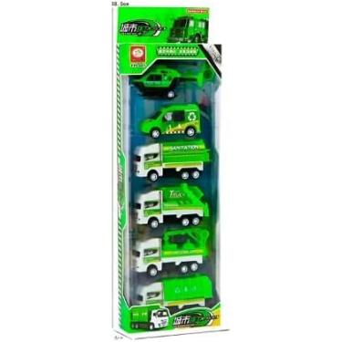 Imagem de Conjunto com 6 Carrinhos de Brinquedo e Helicóptero Miniaturas Infantis Coloridos Veículos de Ação e Aventura Cor Verde