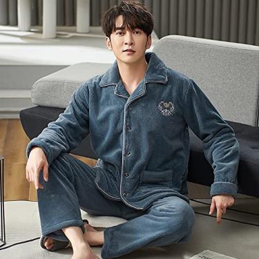 Imagem de ifgswopq Pijamas para homens conjuntos de pijama de flanela masculino inverno masculino conjunto de lounge quente grosso moda bordado listrado pijama masculino casual loungewear 3GG (cor: Tamanho T
