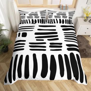 Imagem de jejeloiu Jogo de cama casal preto e branco para crianças, meninos, meninas, arte moderna, capa de edredom abstrata, boêmia, decoração de quarto, microfibra macia, 3 peças, sem enchimento