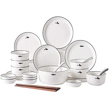 Imagem de Conjunto de utensílios de jantar para cozinha e jantar, conjunto de louça de cerâmica com 32 peças, conjunto nórdico de porcelana, conjunto de tigelas/pratos/pratos/colher, serviço para 3-6, presente