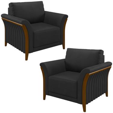 Imagem de Kit 2 Poltronas Decorativas Pés em Madeira Market PU Preto - Gran Belo