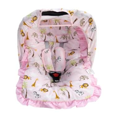 Imagem de Kit Completo para Bebê Conforto – Universal com Capa, Capota e Protetores de Cinto – Tecido 100% Algodão – Confortável e Macio (Safari Rosa)