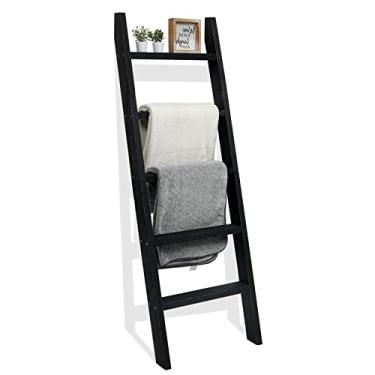 Imagem de FUIN Cobertor de madeira de 1,5 m (58 polegadas) escada sala de estar decorativa parede inclinada casa de fazenda suporte de exibição prateleira suporte de toalha de madeira rústica para banheiro, preto