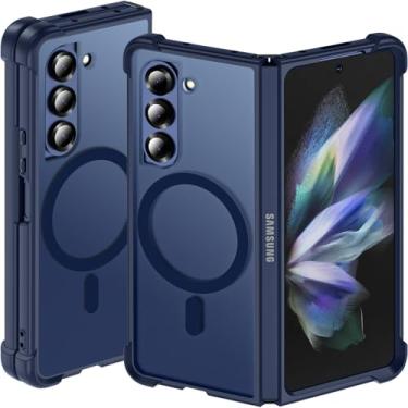 Imagem de Hensinple Capa magnética para Samsung Galaxy Z Fold 5, Z Fold5 [compatível com MagSafe] [Slim Fit], capa magnética translúcida fosca traseira à prova de choque para Z Fold 5, azul