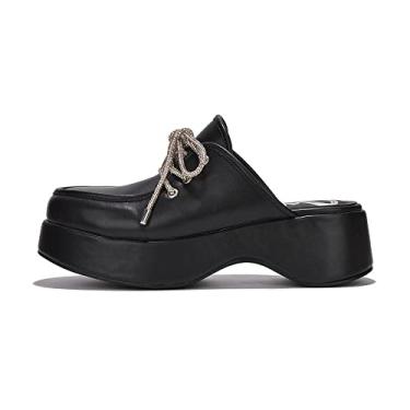 Imagem de Cape Robbin Kanma Mules plataforma sem cadarço, salto bloco com strass, Preto, 8.5