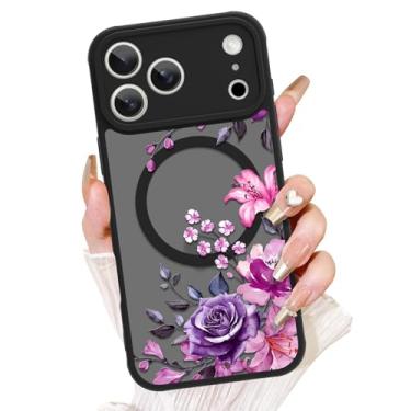 Imagem de AIGOMARA Capa floral para iPhone 17 Pro Max [compatível com MagSafe] Linda flor de lírio rosa roxa com capa de telefone semitransparente para mulheres Gilrs TPU macio e PC capa protetora traseira fina