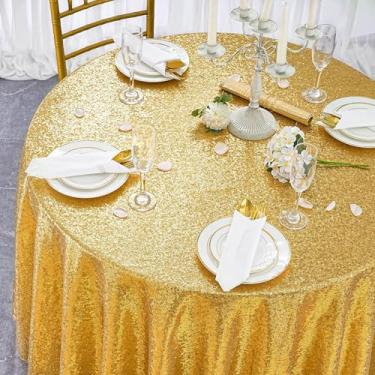 Imagem de QueenDream Toalha de mesa redonda dourada: toalha de mesa de 50 polegadas com glitter para festa, casamento, banquete, recepção