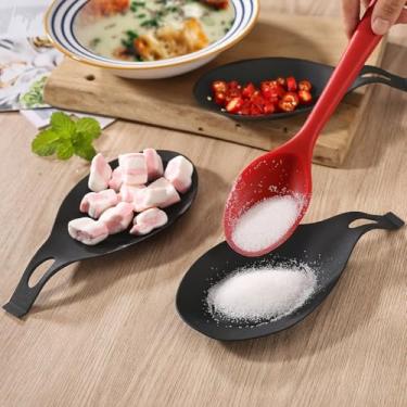 Imagem de 2 unidades de descanso de colher de silicone para fogão, suporte de utensílios resistente ao calor para balcão, ferramenta de cozinha preta antiderrapante fácil de limpar