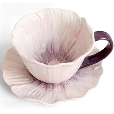 Imagem de JUSONEY Xícaras de chá e pires de 293 ml, xícara de cappuccino em forma de flor de cerâmica, conjunto de xícara de café latte e pires, conjunto de xícara de café expresso floral elegante, copos podem