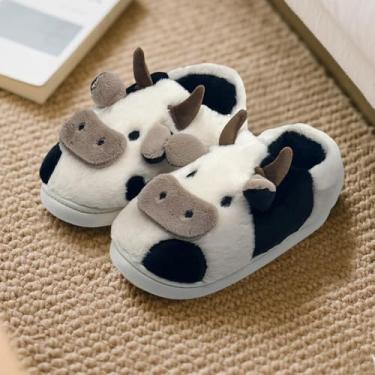 Imagem de Pantufas de vaca para mulheres e homens – Pantufa de pelúcia macia antiderrapante para casa de vacas fofas, sapatos felpudos quentes de inverno com espuma viscoelástica confortável, Preto (salto