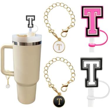 Imagem de Pacote com 4 capas de canudo de letras de silicone para copos Stanley, tampas de palha do alfabeto reutilizáveis, acessórios personalizados para garrafa de água (letra T)