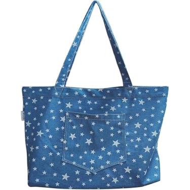 Imagem de Bolsa Hobo feminina jeans de ombro, casual, leve, grande capacidade, para viagens, compras, Estrelas