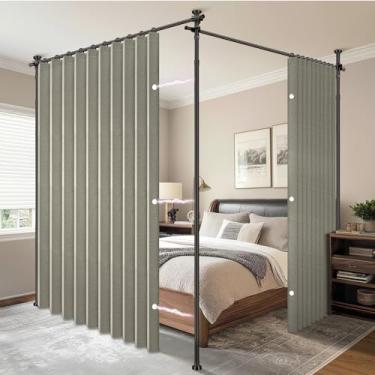 Imagem de AJAZZ Cortinas de privacidade para divisória de quarto com blackout e à prova de som (2 painéis, cinza, L 259 x C 236 cm) + hastes de cortina sem broca (H) 103-120 × (L) 182,8-508 cm, divisória de