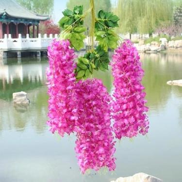 Imagem de 95,2 cm, 2 peças, flores artificiais de glicínia, videira, guirlanda de seda falsa para pendurar para decoração de festa de casamento, jardim, casa (rosa vermelha - 2 peças)