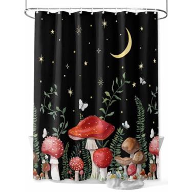 Imagem de Cortina de chuveiro vermelha marrom com cogumelos, borboletas, folhas de estrela, tecido lavável à prova d'água, conjunto de cortinas de banheiro para decoração de banheiro, 91 x 182 cm de comprimento