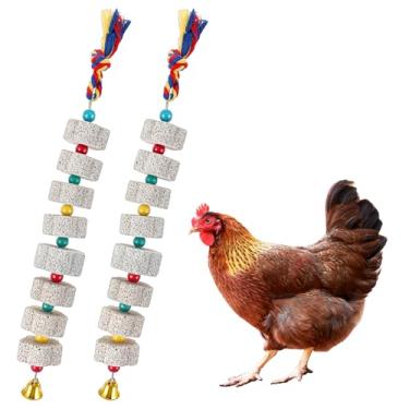 Imagem de APLZGMG Pacote com 2 brinquedos de galinha para galinheiro - Brinquedo de bicar de galinha com pedra vulcânica de cálcio, brinquedos de enriquecimento de galinhas com sinos, acessório de galinheiro