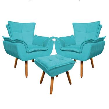 Imagem de Kit 02 Poltronas Opala Com 01 Puff Opala Suede Azul Turquesa