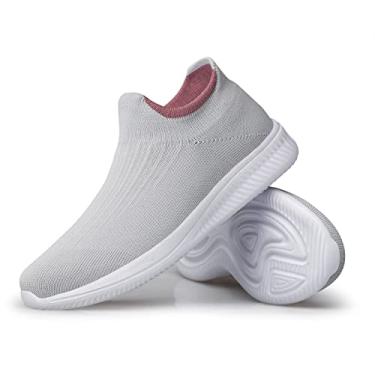 Imagem de vibdiv Tênis de caminhada feminino, casual, leve, confortável, respirável, sem fecho, Zapatillas de Mujer, Cinza claro e rosa, 38