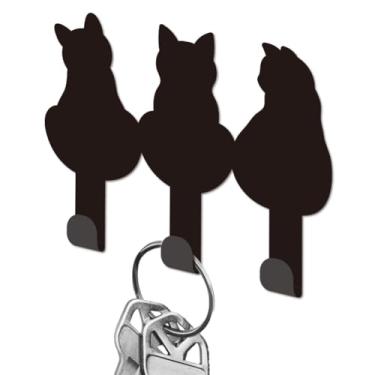 Imagem de DELORIGIN Suporte de chave de metal com vista traseira de gato para utensílios de cozinha de parede, mini gancho organizador de chave, cabides decorativos de parede com 3 ganchos para entrada, porta