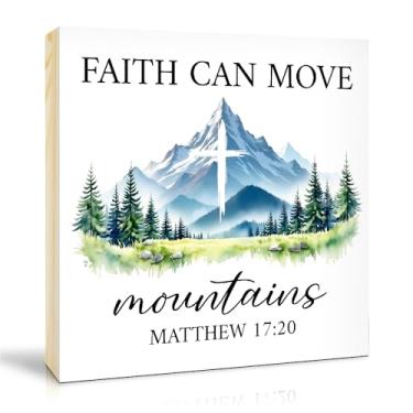 Imagem de TOUNER Placa de caixa de madeira Faith Can Move Mountains, inspiradora Matthew 17:20, versículo da Bíblia, decoração de mesa de madeira, Natal, aniversário, ação de graças, fé religiosa, presentes