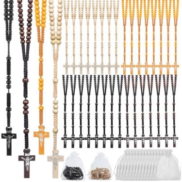 Imagem de 48 unidades de colar de contas de rosário de madeira, rosários católicos de madeira feitos à mão com cruz e sacos de organza, lembrancinhas de primeira comunhão e batismo, presentes religiosos para