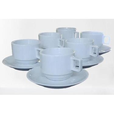 Imagem de Kit Jogo 6 Xícaras de Café e Chá com Pires 200ml em Porcelana Branca -
