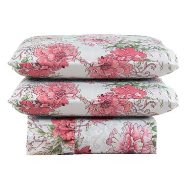 Imagem de Kit Cobre Leito Colcha Turin Casal Estampada C/ Babado 400 Fios 3 Peças Flores Floral Rosa