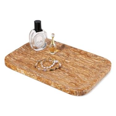 Imagem de Karibiber Bandeja de banheiro de mármore natural, bancada de travertino/pedra de 30 cm, pedra dourada para suporte de joias de perfume, organizador de cômoda decorativo, armazenamento para pia de