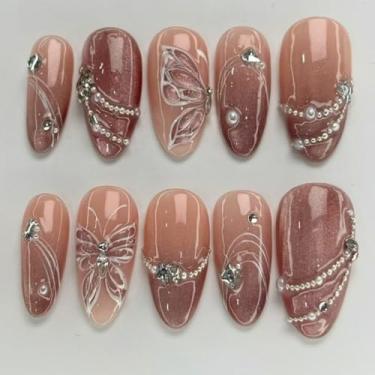 Imagem de Pressionar unhas curtas médias amêndoas marrom olho de gato cola falsa unhas com design requintado de borboleta strass, cobertura total, bastão falso artificial em unha de acrílico para mulheres, uso