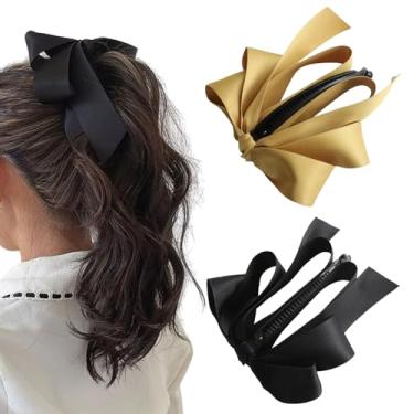 Imagem de 2 pçs laço banana grampo de cabelo fita laço vertical rabo de cavalo garra clipe de garra cor sólida suporte de rabo de cavalo acessórios de cabelo para mulheres meninas grampo de cabelo banana garra