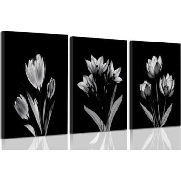 Imagem de Conjunto de 3 impressões de arte de parede de plantas de flores pretas e brancas, pôster vintage de folhas de plantas, pôster de arte de parede de flores preto e branco, decoração de parede de casa de