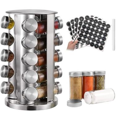 Imagem de Goodern Porta-temperos giratório, organizador giratório de especiarias com 20 frascos, organizador giratório de temperos com etiquetas, conjunto de frascos de temperos, carrossel de especiarias de aço