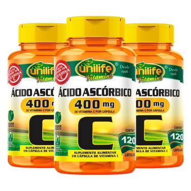 Imagem de Kit 3 Vitamina C ácido Ascórbico Unilife 120 Capsulas Veganas