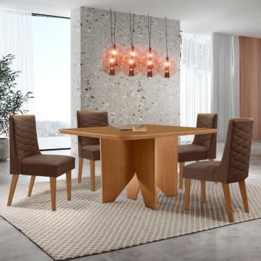Imagem de Mesa Evora 90 Mdf Canto Copo E Com 4 Cadeiras Safira Veludo Marrom Naturalle
