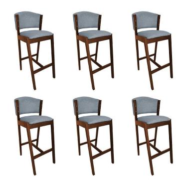 Imagem de Kit 6 Banquetas Alta De Madeira Maciça Mel Premium Ana Com Encosto Linho Cinza - Cor: Cinza