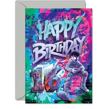 Imagem de Giftzie Cartões de aniversário de 16 anos para meninos e meninas - Epic Gamer - Cartão de feliz aniversário para menino de 16 anos, primo, filha, neto, filho, cartões comemorativos A5 aniversário