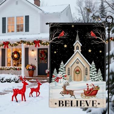 Imagem de Bandeira de jardim de Natal 30 x 45 cm - Decoração de jardim dupla face pequena bandeira, decorações festivas impressas trenó de Papai Noel, boneco de neve, padrão de cena de neve de pássaros para