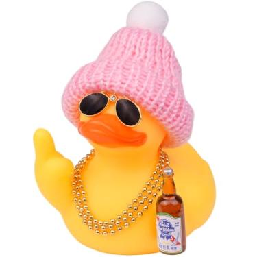 Imagem de MuMyer Patos de borracha para painel de carro, decorações de véspera de Natal, enfeite de carro de pato de borracha com chapéu de malha acessório legal, óculos de sol, colar, 9 cm