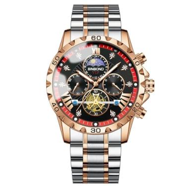 Imagem de W WOLF-CUB Relógio de pulso masculino de negócios, moderno, aço inoxidável, quartzo, luxuoso, turbilhão, à prova d'água, luminoso, fase da lua, relógio esportivo, ouro rosa e preto