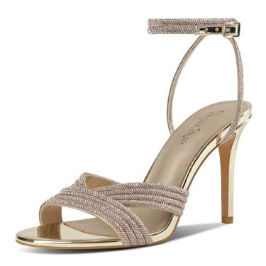 Imagem de GPXGPX Sandálias femininas de salto alto com strass e salto agulha brilhante com tira no tornozelo, bico redondo, bico aberto, elegantes para casamentos, sandálias sexy, Dourado, 37